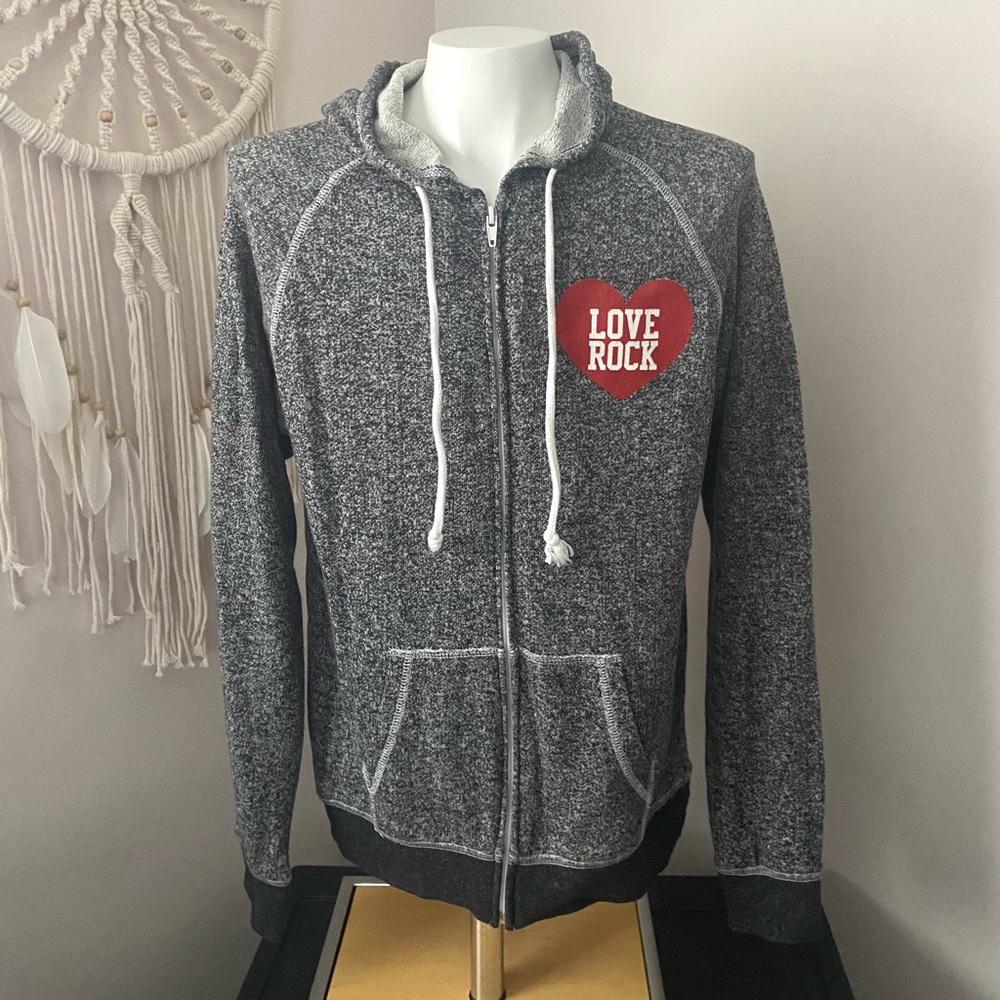Rock&Roll Hall Of Fame Gray Zip-Up Hoodie with Red Heart Patch Size Medium